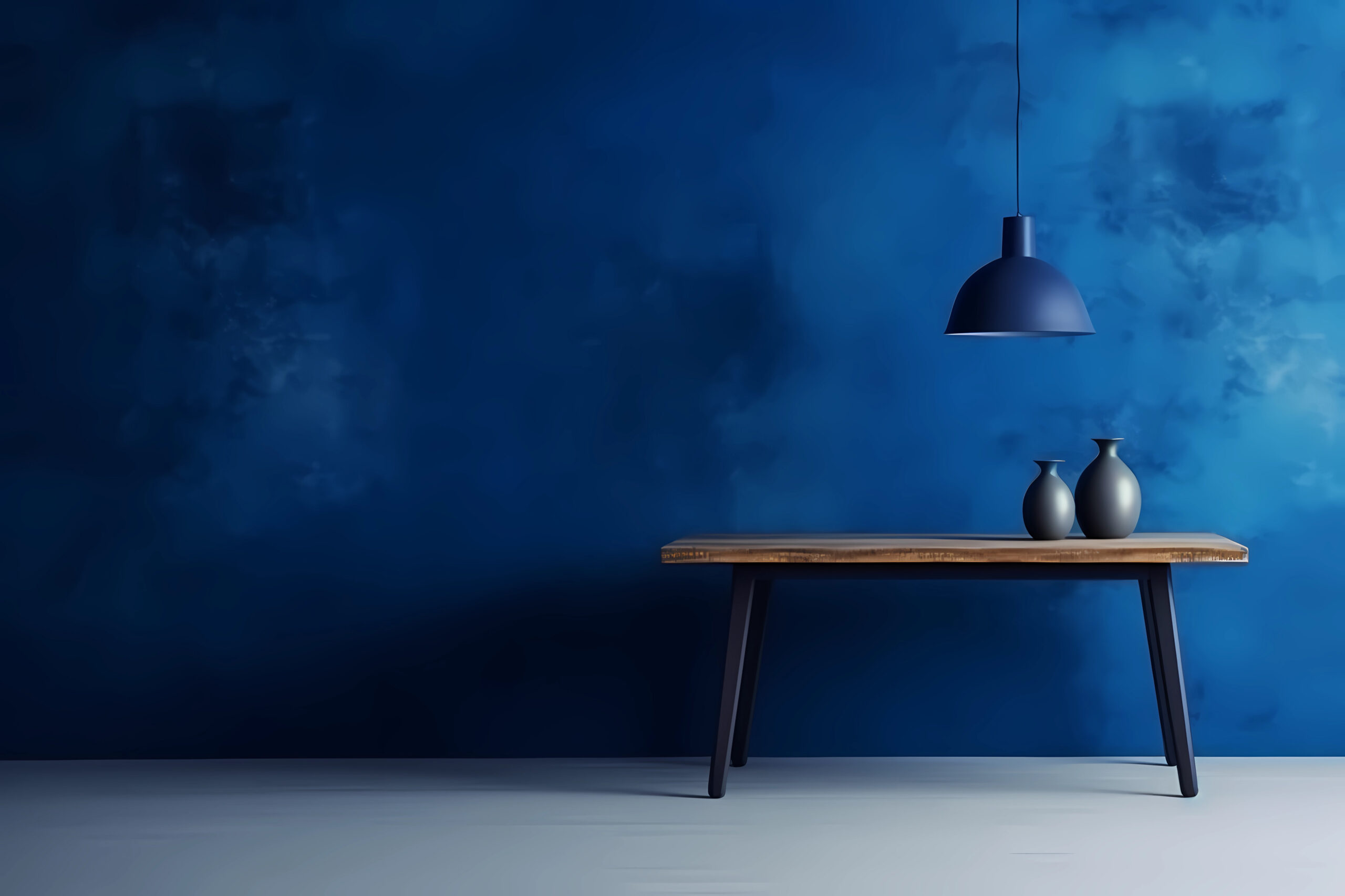 mur bleu avec une table, peinture à base de pigments outremer